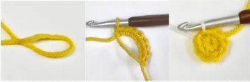 Crochet hook forming the yellow center of a daisy granny square