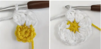 White crochet petals around the yellow center of a daisy granny square