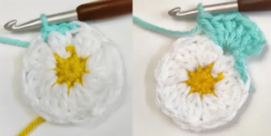 Turquoise crochet stitches added around a white and yellow daisy motif
