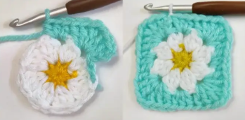 Completed turquoise-bordered daisy granny square for a crochet sweater