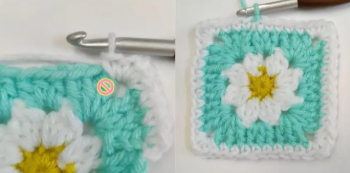 Close-up of the turquoise border and finished daisy granny square
