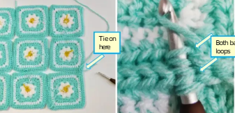 Daisy granny squares arranged for assembly into a crochet sweater