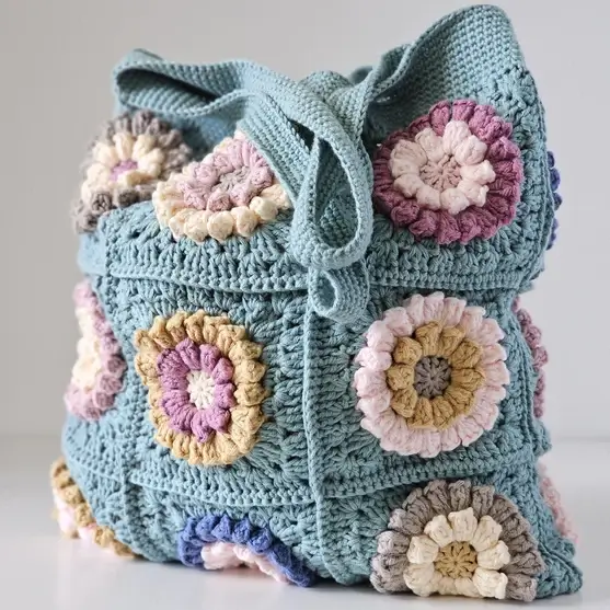 Crocheted floral granny square for a handmade tote bag